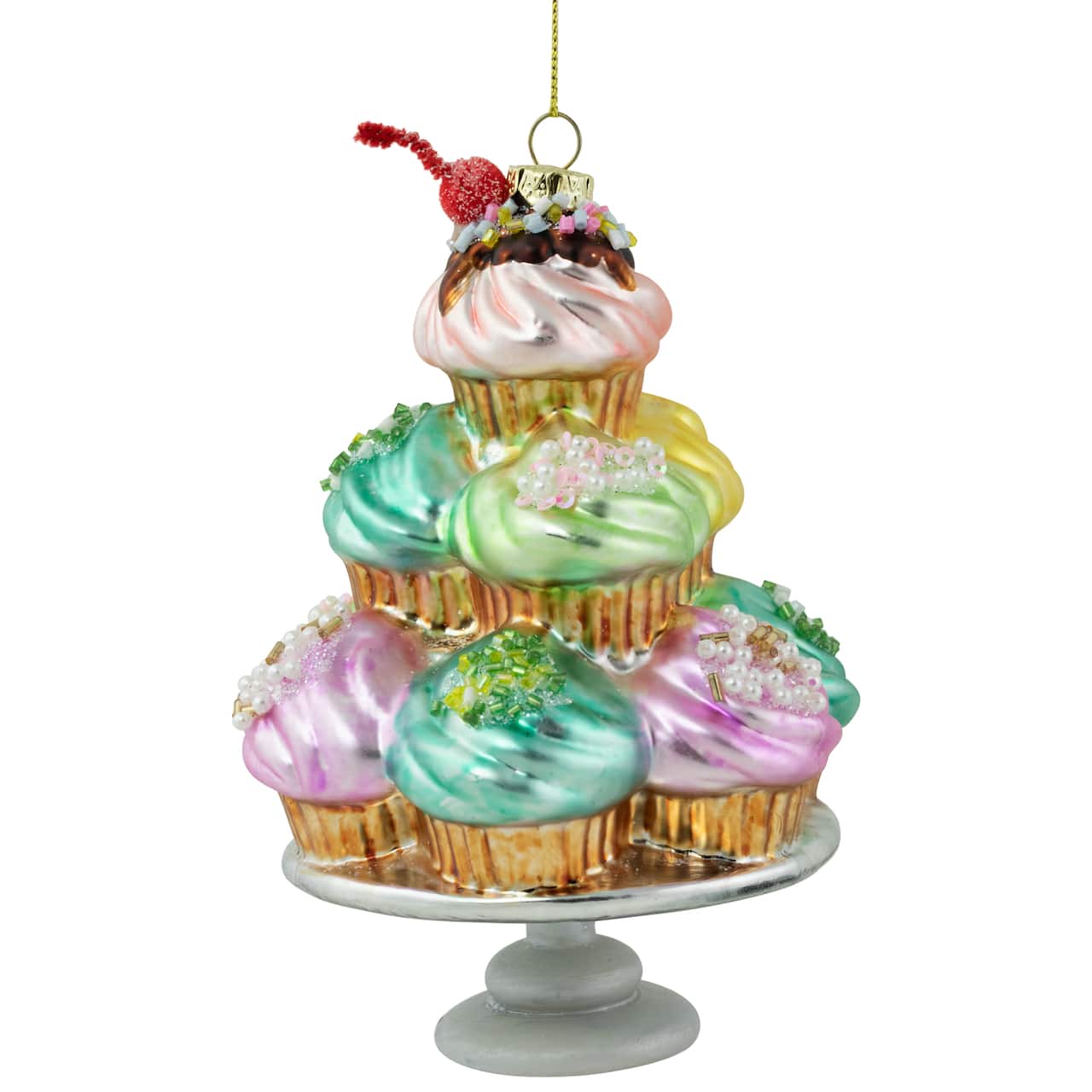 Pink & Blue Cupcake Tower Glass Christmas Ornament